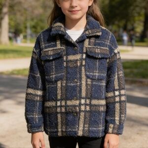 Tilley Kids Sherpa Fleece Jacket Plaid Blue Size 9-10Y Button Front Cozy Warm